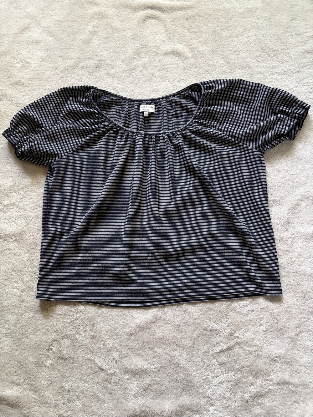 Madewell Navy & White Striped Puff-Sleeve, Scoop Neck, Cropped Top